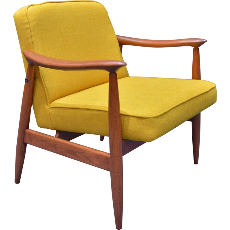 Soviet Varsovie armchair in yellow fabric and oak - 1960s