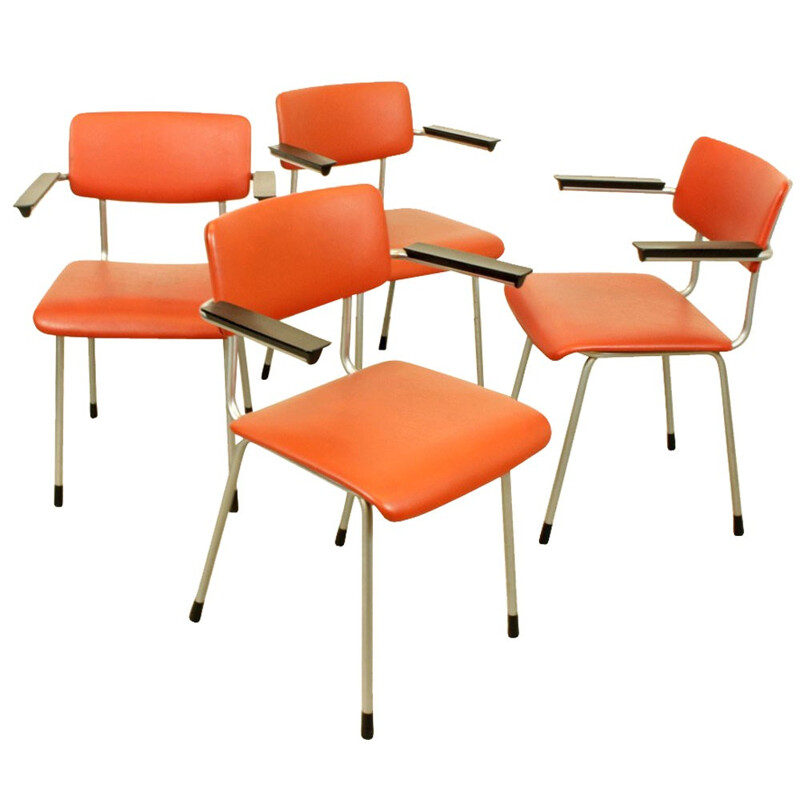 Set of 4 industrial Gispen chairs in orange skai and metal - 1960s
