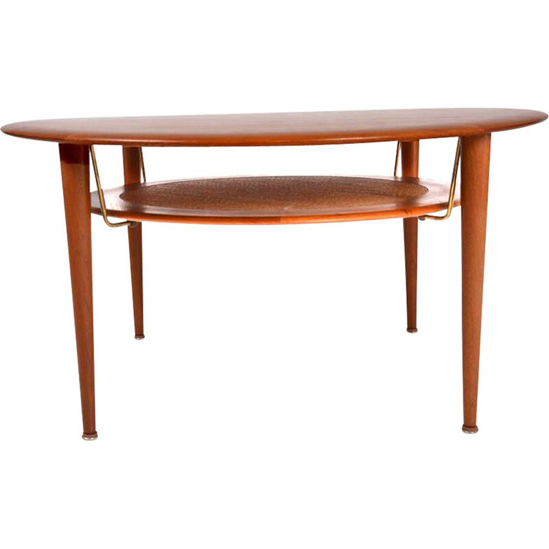 Vintage teak, brass and rattan coffee table by Peter Hvidt & Orla Mølgaard Nielsen, Denmark 1950s