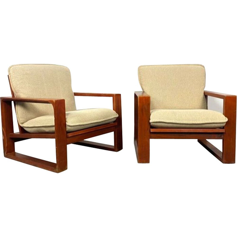 Pair of vintage wood and beige fabric armchairs by Miroslav Navratil, 1970