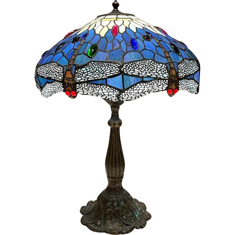 Lampe de table Tiffany vintage en bronze avec abat-jour en résine
