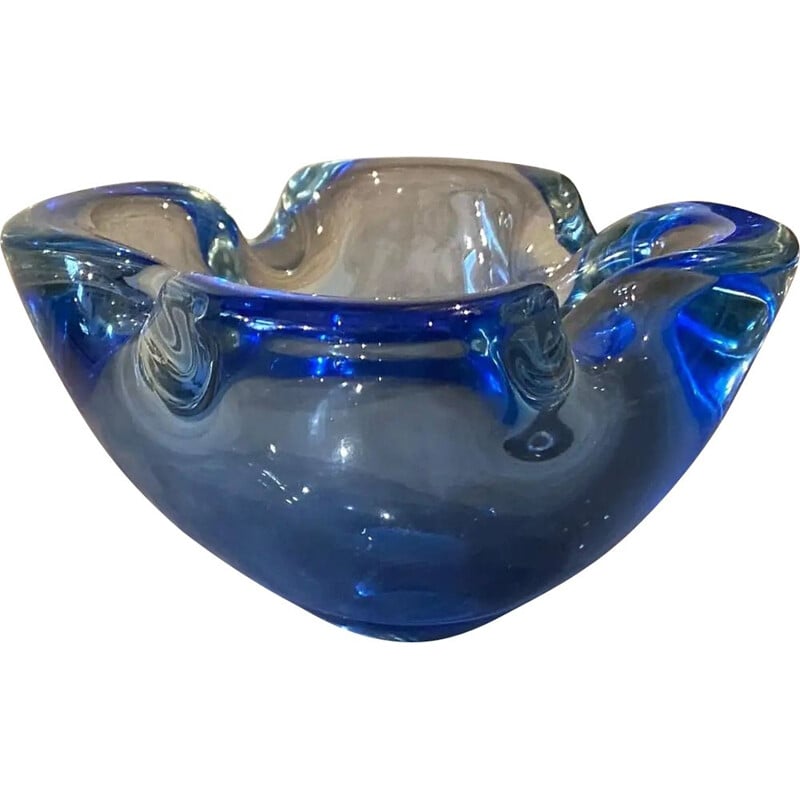 Cenicero vintage de cristal de Murano azul y pesado de Flavio Poli, 1970