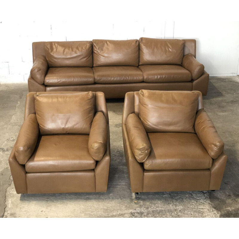 Vintage leather living room set by Edelhard Harlis for Mobilier International, California 1955