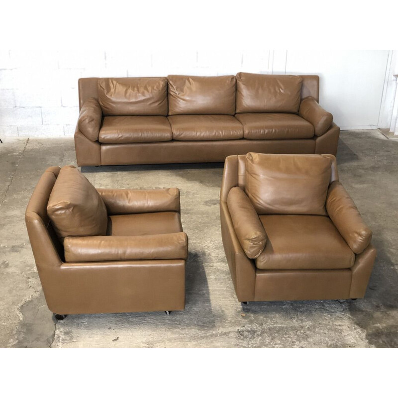 Vintage leather living room set by Edelhard Harlis for Mobilier International, California 1955