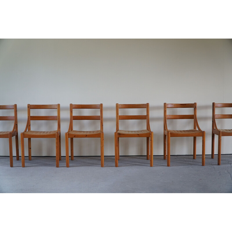 Set of 6 Danish mid century dining chairs in pine & papercord, 1970s