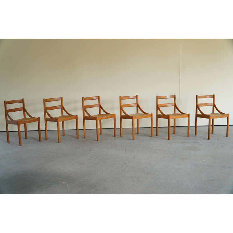 Ensemble de 6 chaises danoises vintage en pin et corde à papier, 1970