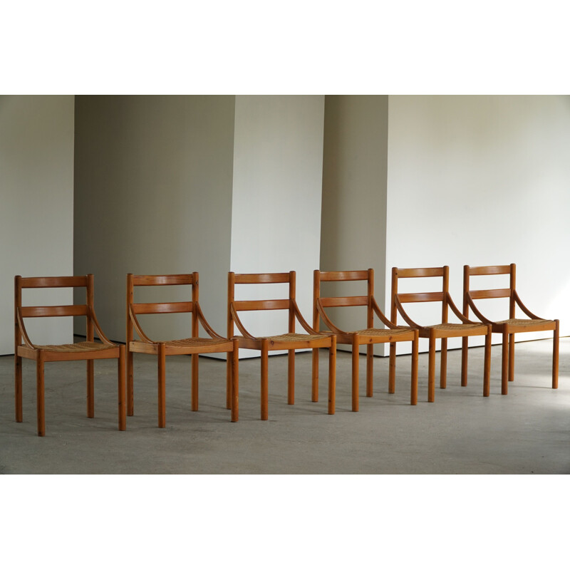 Ensemble de 6 chaises danoises vintage en pin et corde à papier, 1970