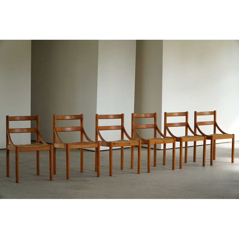 Set of 6 Danish mid century dining chairs in pine & papercord, 1970s