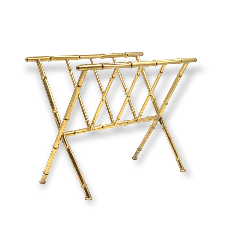 Hollywood regency vintage brass and bamboo magazine rack by Maison Bagues, France 1970s