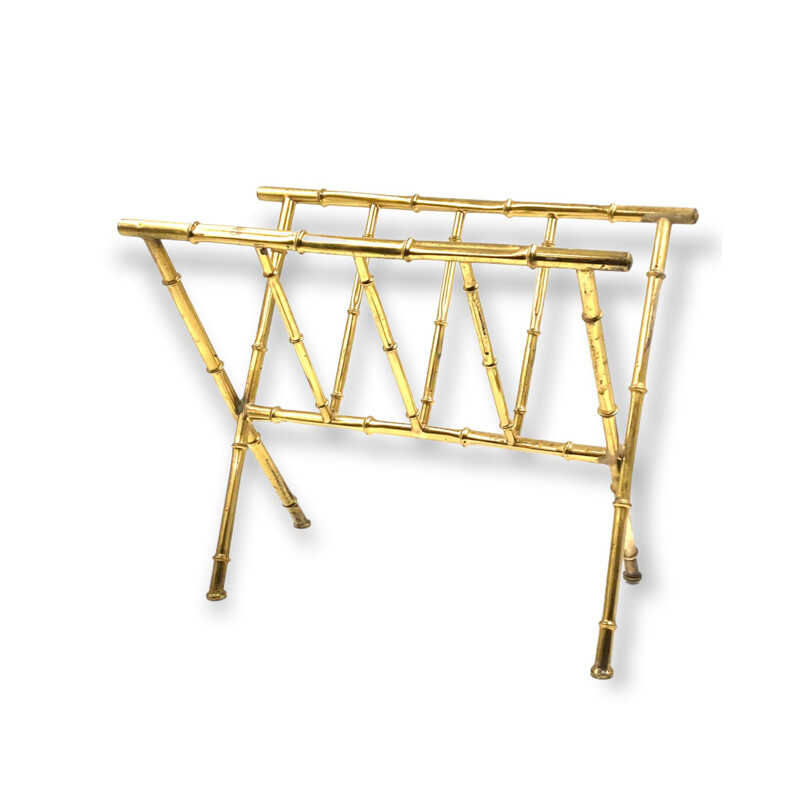 Hollywood regency vintage brass and bamboo magazine rack by Maison Bagues, France 1970s