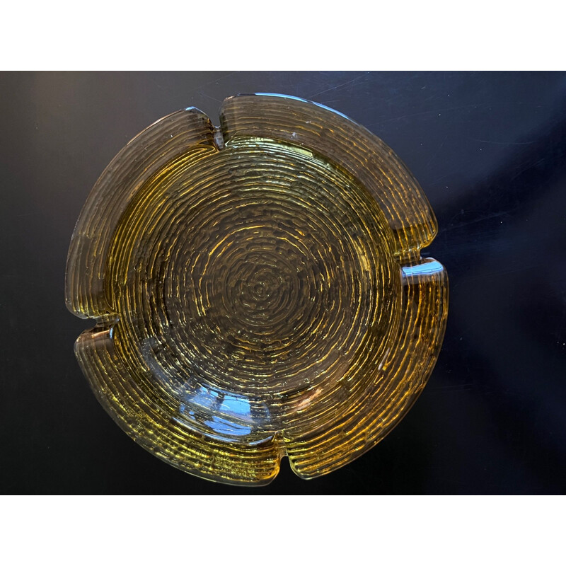 Vintage pressed molded glass yellow ashtray, 1970s