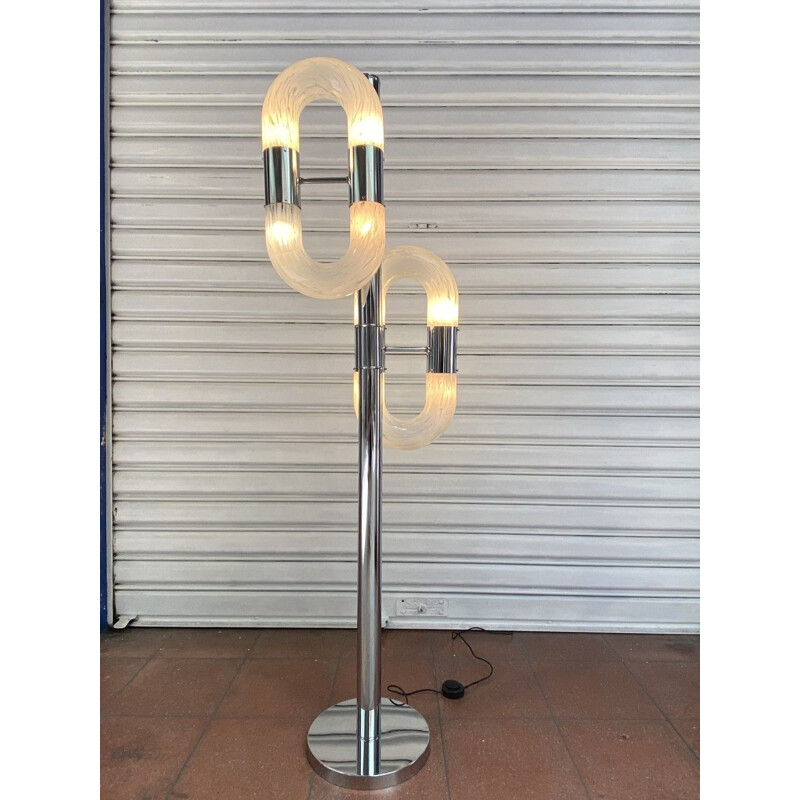 Lámpara de pie vintage de cristal de Murano y acero inoxidable de Aldo Nason, 1970