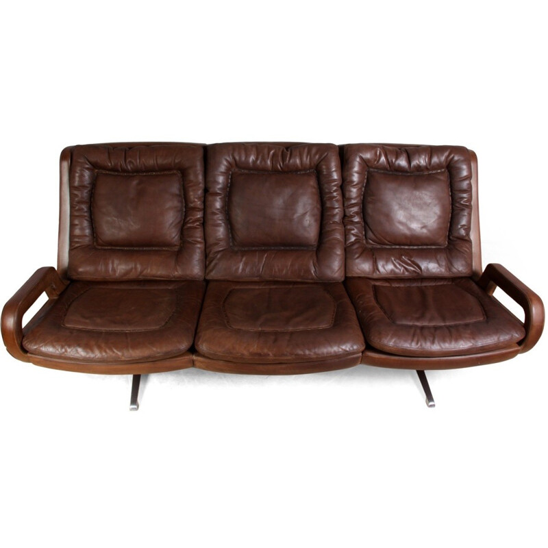 3-seater sofa in aluminum and brown leather - 1960s