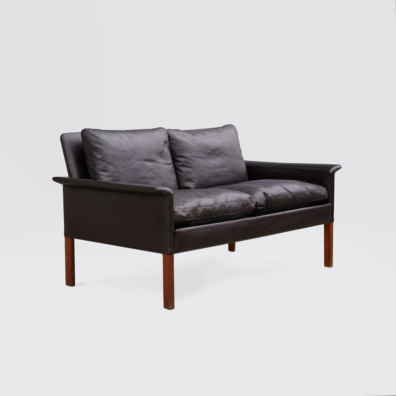 Vintage rosewood and black leather 2-seater sofa by Hans Olsen, Denmark 1960s