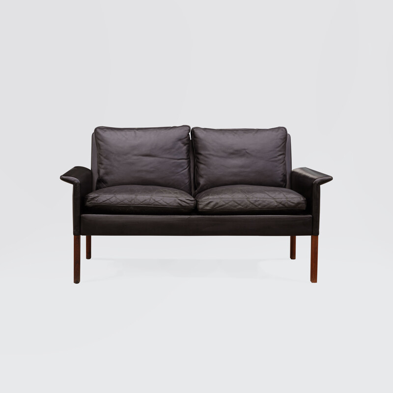 Vintage 2-Sitzer-Sofa aus Palisanderholz und schwarzem Leder von Hans Olsen, Dänemark 1960