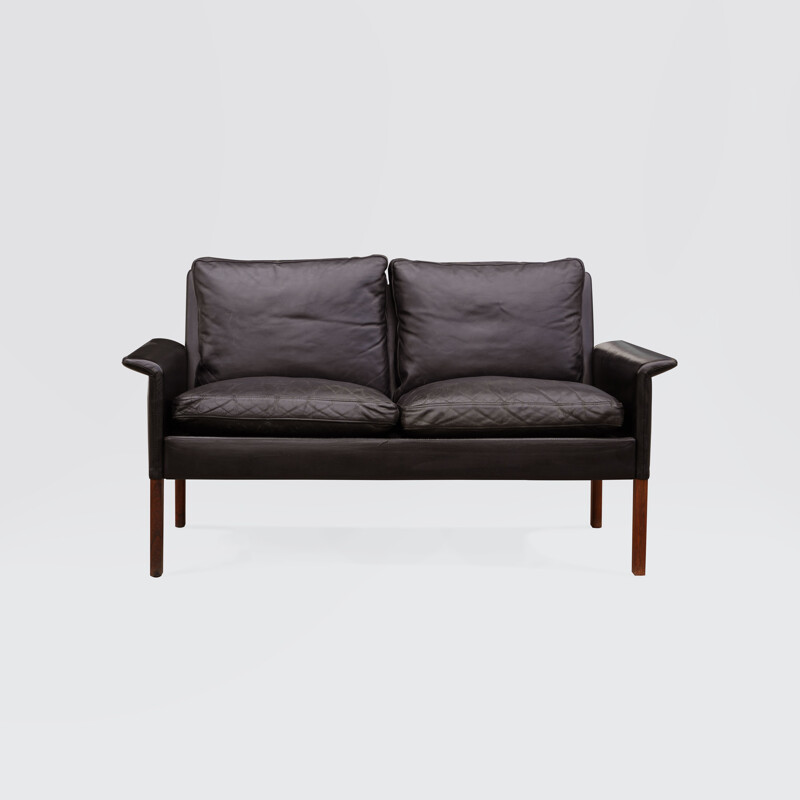Vintage rosewood and black leather 2-seater sofa by Hans Olsen, Denmark 1960s