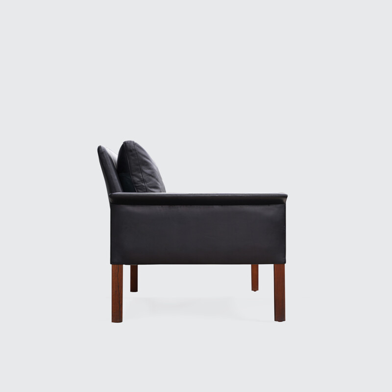 Vintage 2-Sitzer-Sofa aus Palisanderholz und schwarzem Leder von Hans Olsen, Dänemark 1960