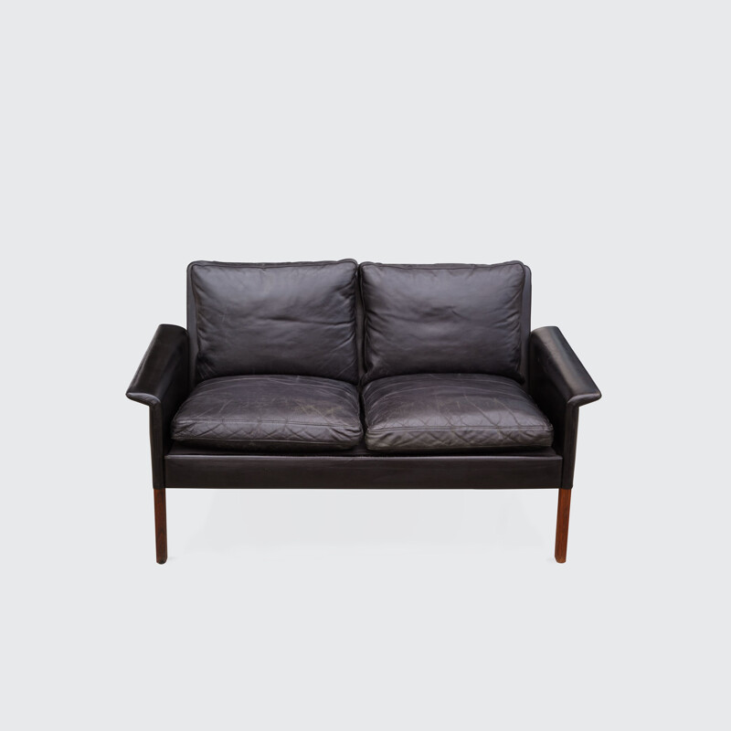 Vintage rosewood and black leather 2-seater sofa by Hans Olsen, Denmark 1960s