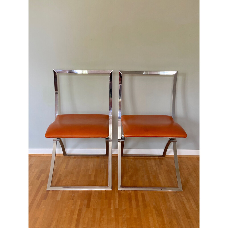 Pair of vintage chairs "Luisa" in chromed metal by Marcello Cuneo for Mobel, Italy 1970