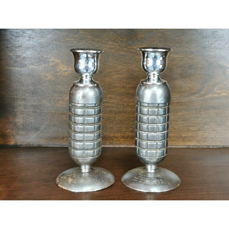 Pair of vintage "Ww1 Trench Art" brass and pomegranate candle holders