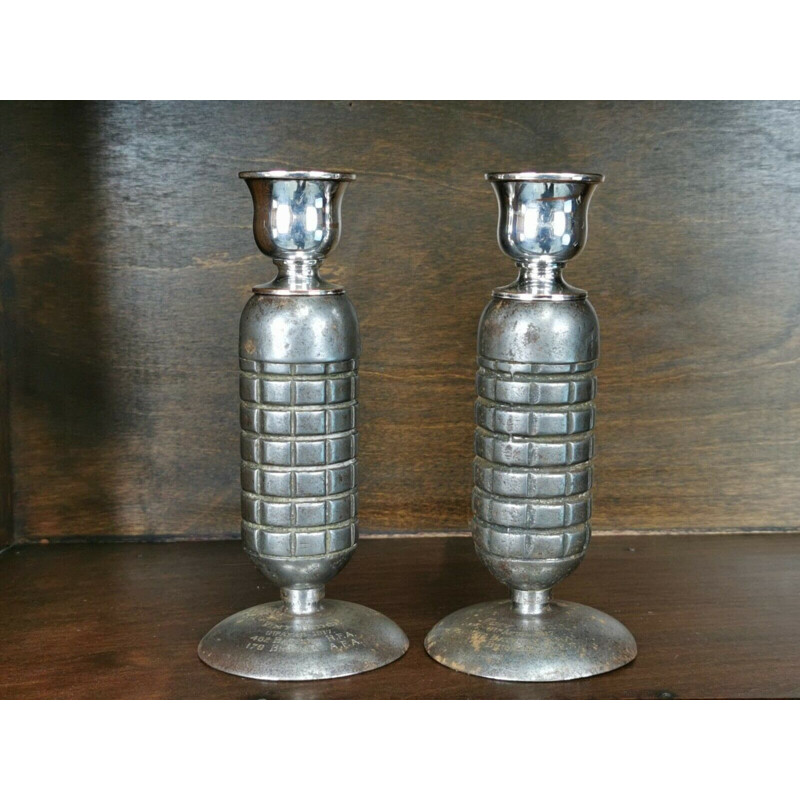 Pair of vintage "Ww1 Trench Art" brass and pomegranate candle holders