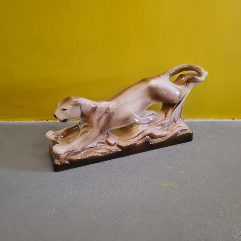Vintage Art Deco Skulptur eines Panthers aus Keramik