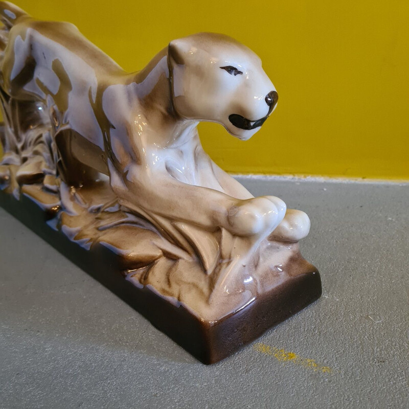 Scultura d'epoca art déco di una pantera in ceramica