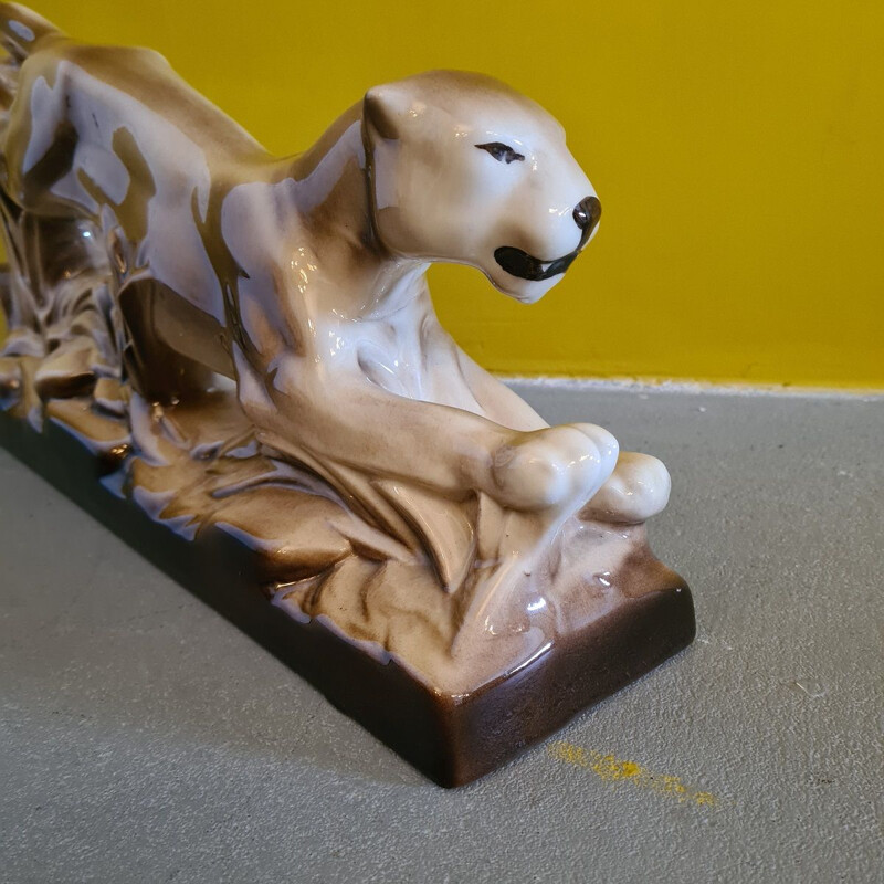 Vintage art deco sculpture of a ceramic panther