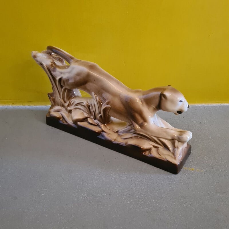 Sculpture art déco vintage d'une panthère en céramique