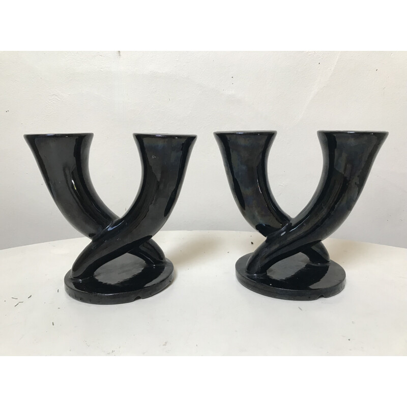 Pair of vintage ceramic candle holders by Lacheny Pottery, 1950