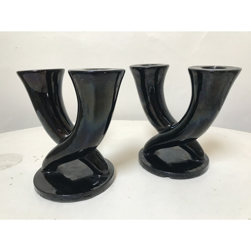 Pair of vintage ceramic candle holders by Lacheny Pottery, 1950