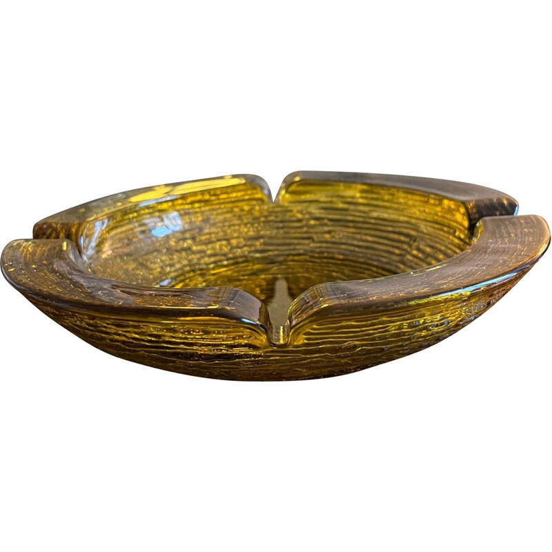 Vintage pressed molded glass yellow ashtray, 1970s