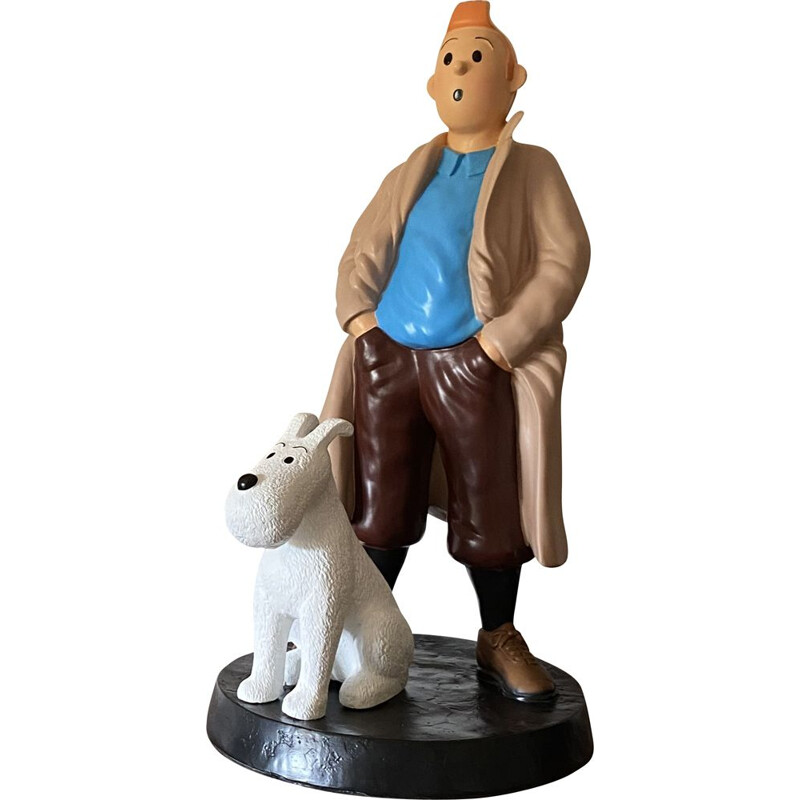 Vintage figurine Tintin and Snowy in hand painted resin, France 1970