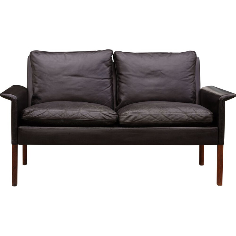 Vintage 2-Sitzer-Sofa aus Palisanderholz und schwarzem Leder von Hans Olsen, Dänemark 1960