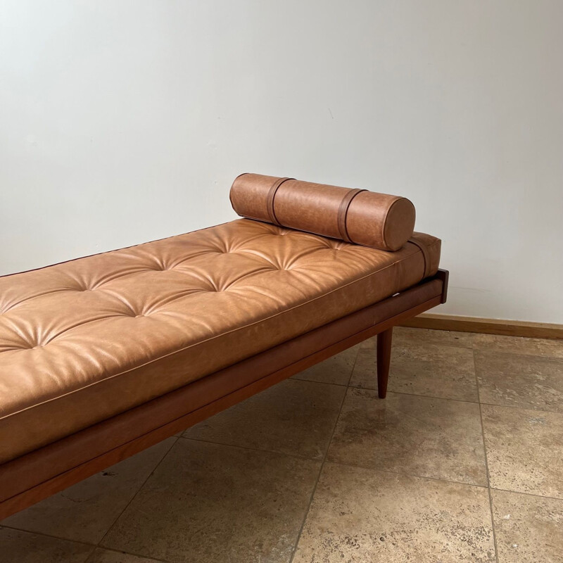 Lit de repos danois vintage en teck et cuir, 1960