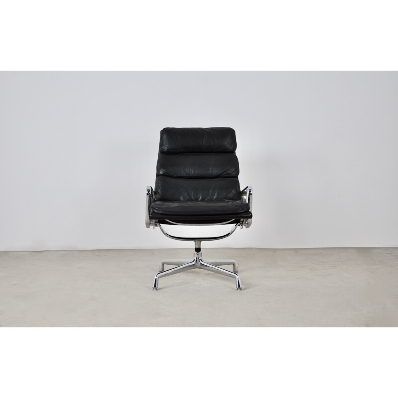 Vintage black leather Soft Pad chair by Charles & Ray Eames for Herman Miller, 1970