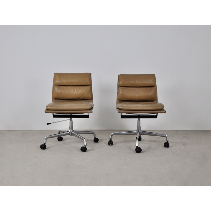 Pair of vintage brown leather Soft Pad armchairs by Charles & Ray Eames for Icf, 1970