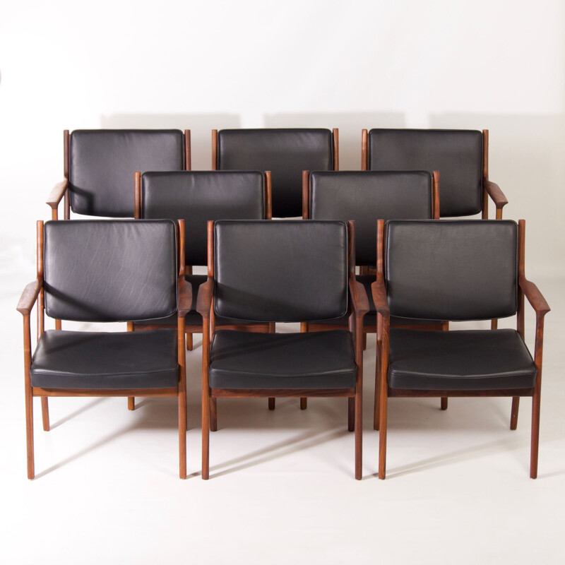 Satz von 8 Vintage-Stühlen aus Holz und schwarzem Leder von Karl Erik Ekselius für J.O. Carlsson, 1950