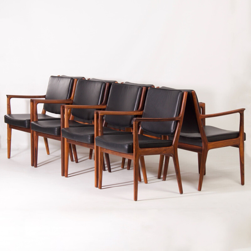 Ensemble de 8 chaises vintage en bois et cuir noir par Karl Erik Ekselius pour J.O. Carlsson, 1950