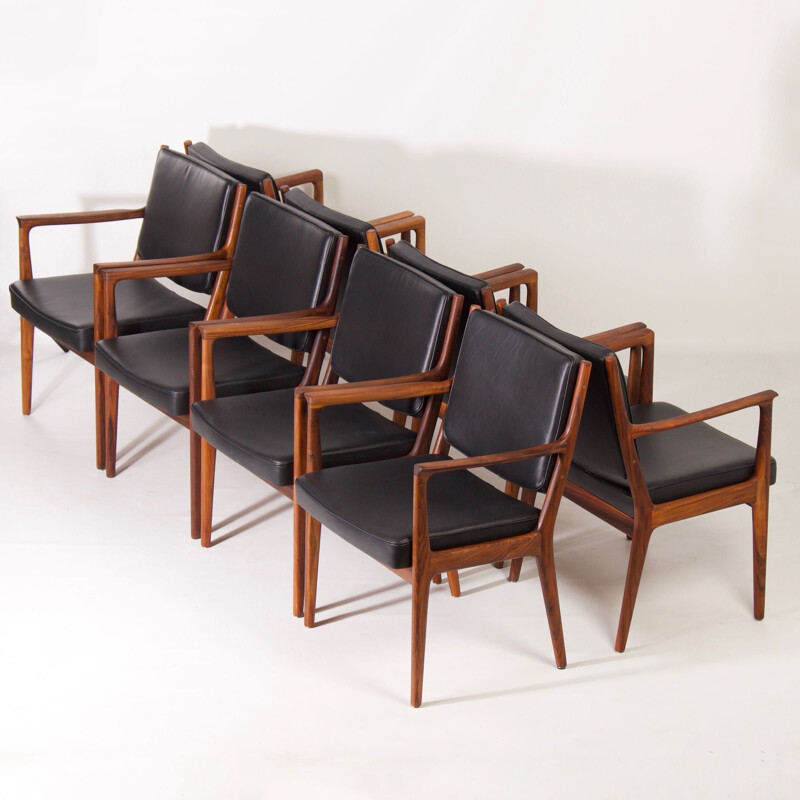 Ensemble de 8 chaises vintage en bois et cuir noir par Karl Erik Ekselius pour J.O. Carlsson, 1950