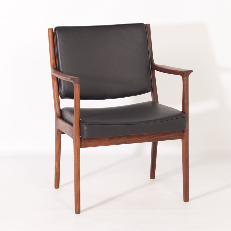 Juego de 8 sillas vintage de madera y cuero negro de Karl Erik Ekselius para J.O. Carlsson, 1950