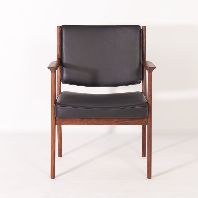 Satz von 8 Vintage-Stühlen aus Holz und schwarzem Leder von Karl Erik Ekselius für J.O. Carlsson, 1950