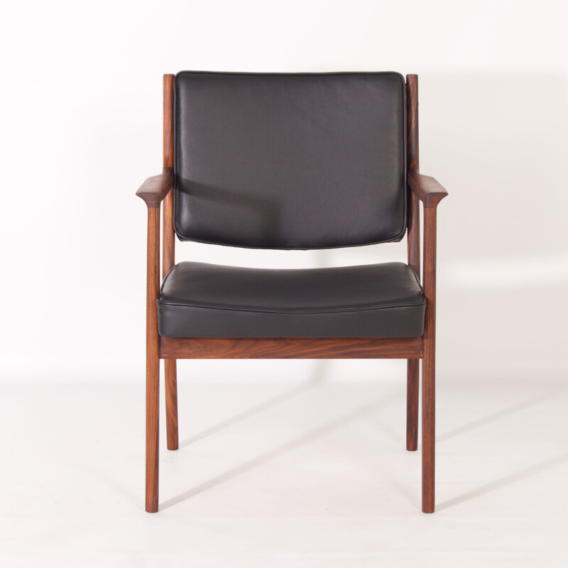 Set of 8 vintage wood and black leather dining chairs by Karl Erik Ekselius for J.O. Carlsson, 1950s