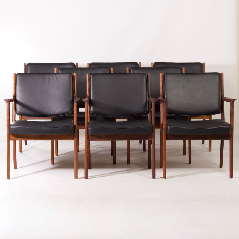 Set of 8 vintage wood and black leather dining chairs by Karl Erik Ekselius for J.O. Carlsson, 1950s