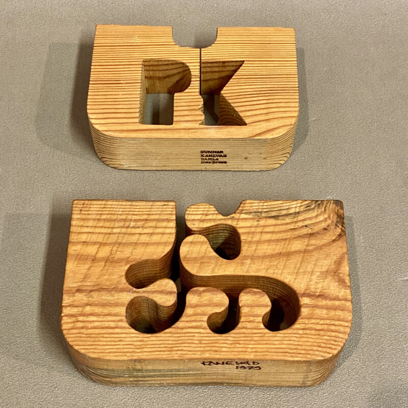 Pair of vintage wooden candle holders by Gunnar Kanevad, 1960