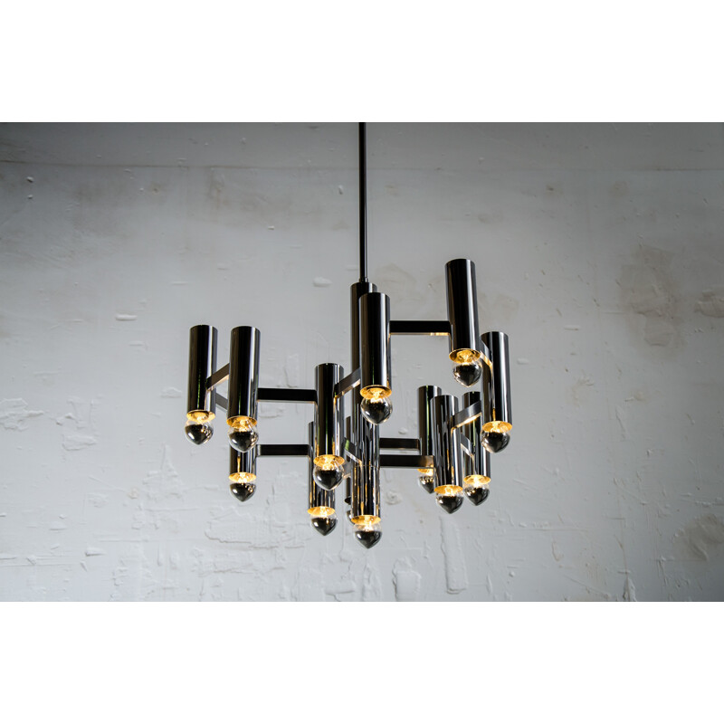 Italian SA Boulanger chandelier in chromed steel, Gaetano SCIOLARI - 1970s