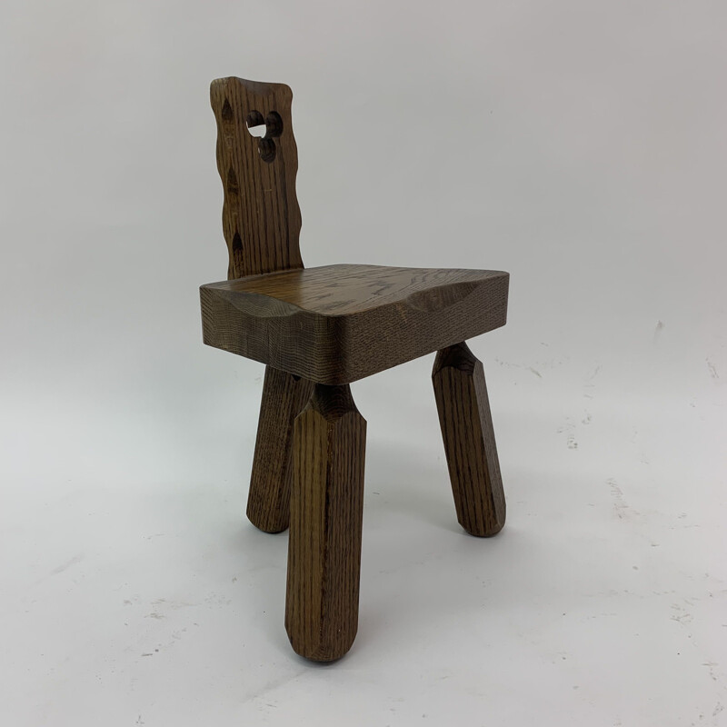 Sedia per bambini vintage brutalista in legno massiccio, 1970