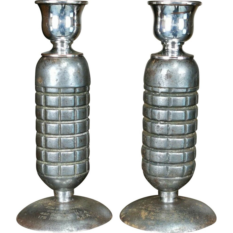 Pair of vintage "Ww1 Trench Art" brass and pomegranate candle holders