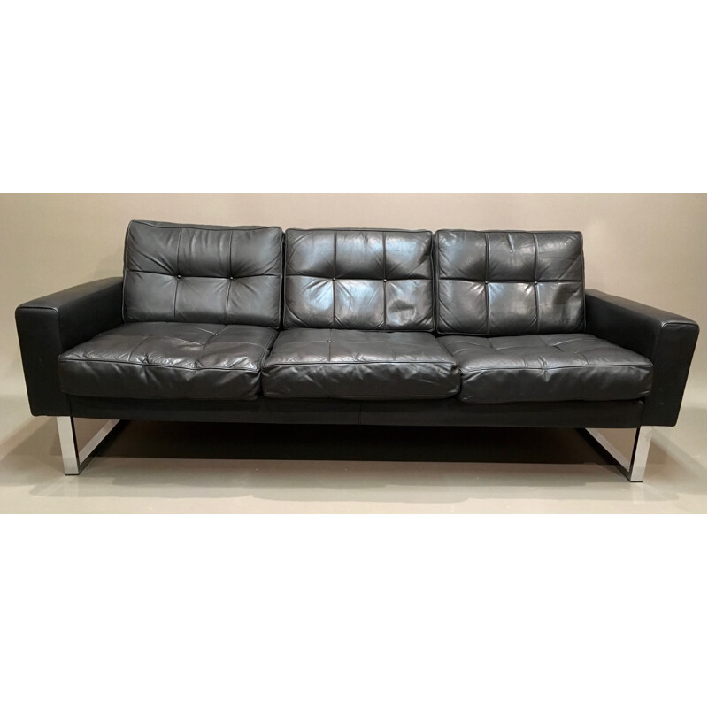 Canapé 3 places en cuir noir et métal chromé - 1960