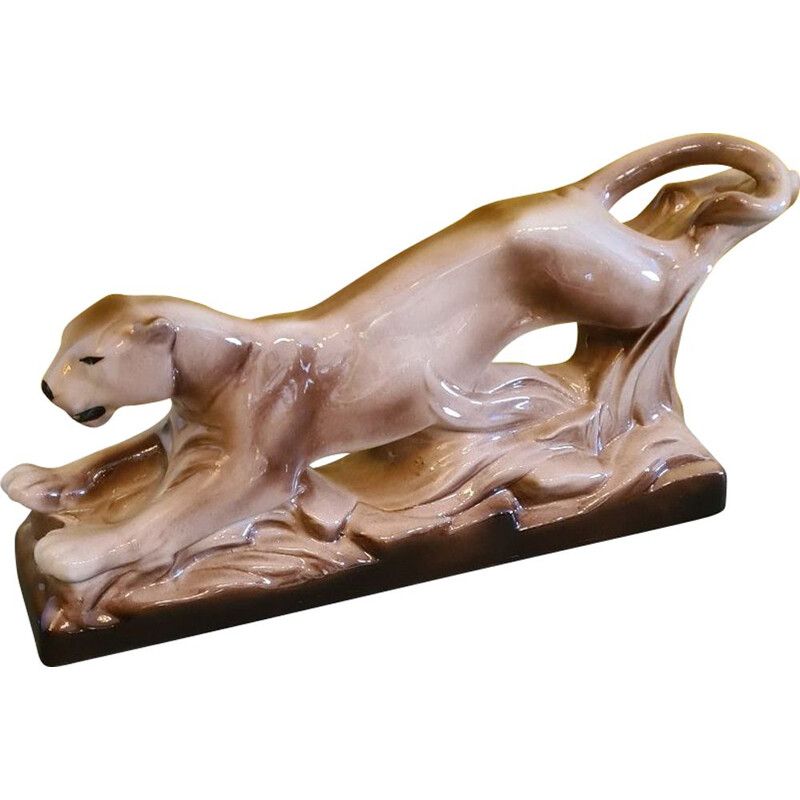 Vintage art deco sculpture of a ceramic panther